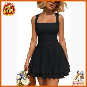 Square Neck Ruffle Hem Ruched Waist Mini Dress Summer Party Flowy Chic